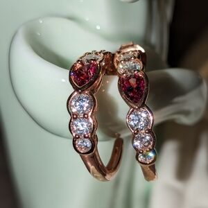Rose Gold Tone Hoop Earrings Clear and Red Faux Crystals